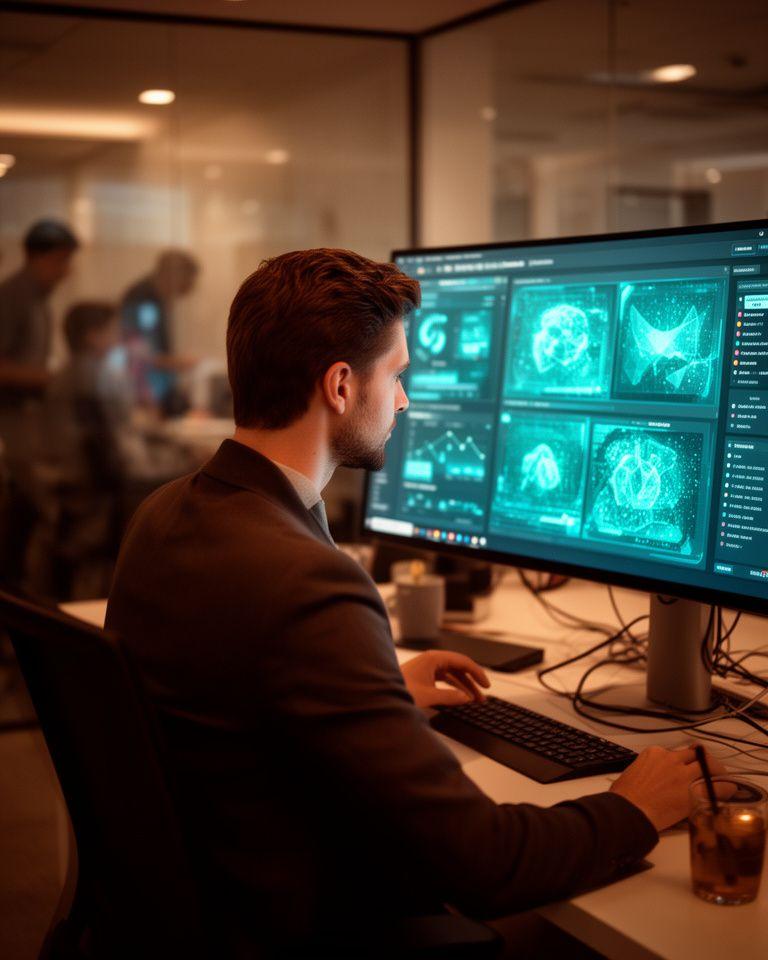 Business analytics specialist reviewing an AI dashboard in a modern Sandwell office with glowing data panels