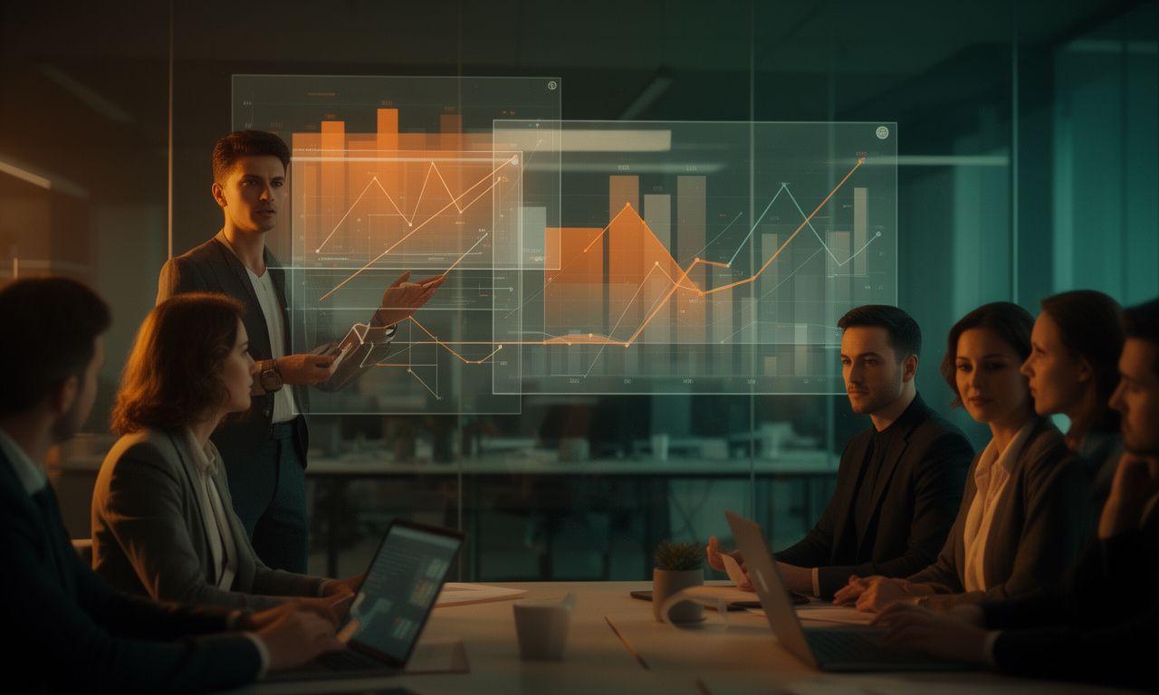 Business analytics team reviewing a live dashboard in a modern meeting room with layered charts and forecast panels