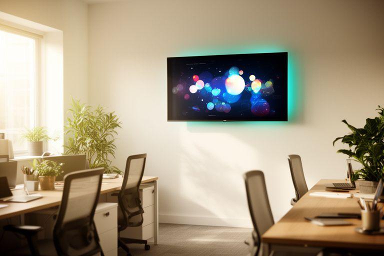 Modern office workspace in Sandwell with a wall-mounted analytics screen and natural daylight